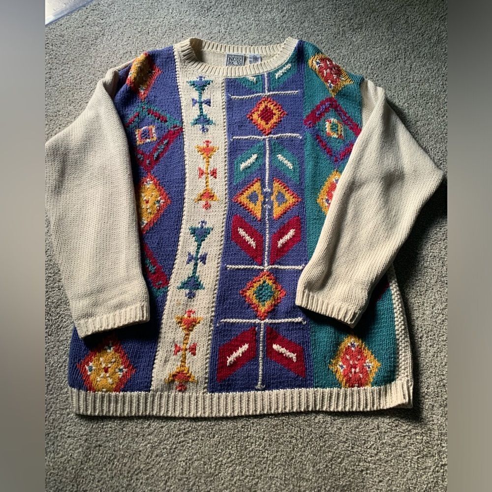 VTG Russ Sport Funky Multi Color Grandpa Sweater Pattern Boho Hippie Size S M